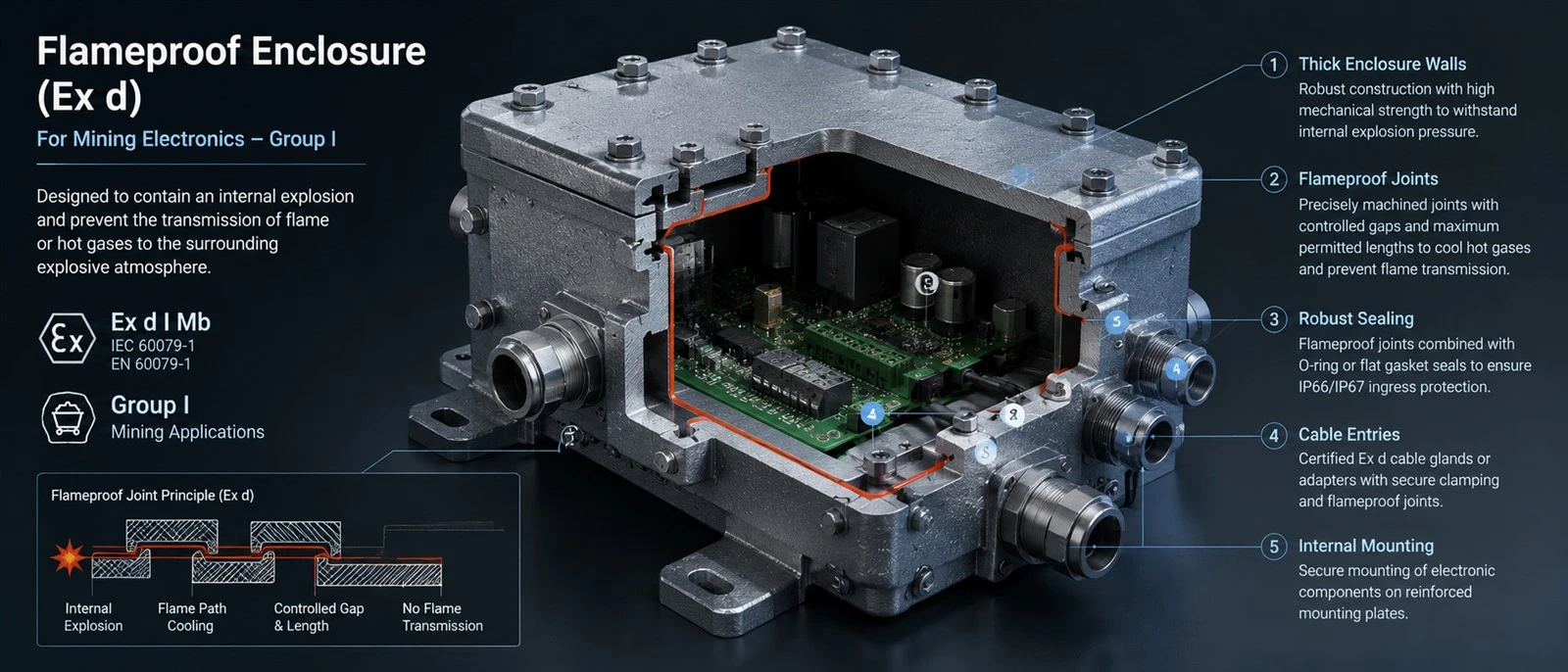 Technical 3D cross-section render of a flameproof (Ex d) enclosure for mining electronics, showing thick steel walls and robust seals, technical and professional appearance for Group I safety compliance. Technical 3D cross-section render of a flameproof (Ex d) enclosure for mining electronics, showing thick steel walls and robust seals, technical and professional appearance for Group I safety compliance.
